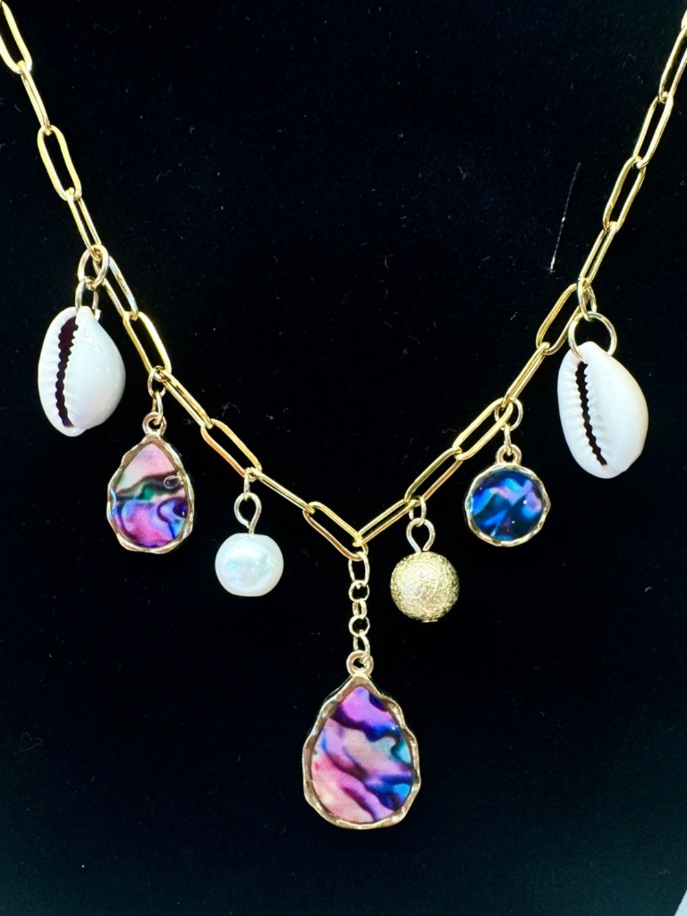 Gold Chain Charm Necklace with Purple-Blue Abalone and White Shell Accents